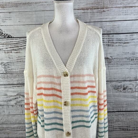 Mud Pie Barker Cardigan Sweater size Med/Large Ivory Stripes Blue Coral Yellow - Picture 2 of 10